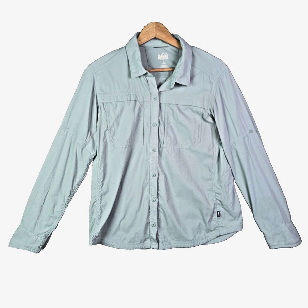 REI Coop Hiking Shirt Mint Green L Nylon Stretch Roll Tab Outdoor Gorpcore